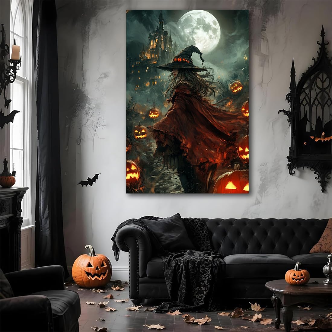 Dark and Moody Gothic Witch Poster Wall Art,Vintage Rustic Witch in Cloak with Castle Pumpkin Road Dark Gothic Poster,Goth Spooky Season Halloween Prints for Fantasy Office,24"x36" Unframed