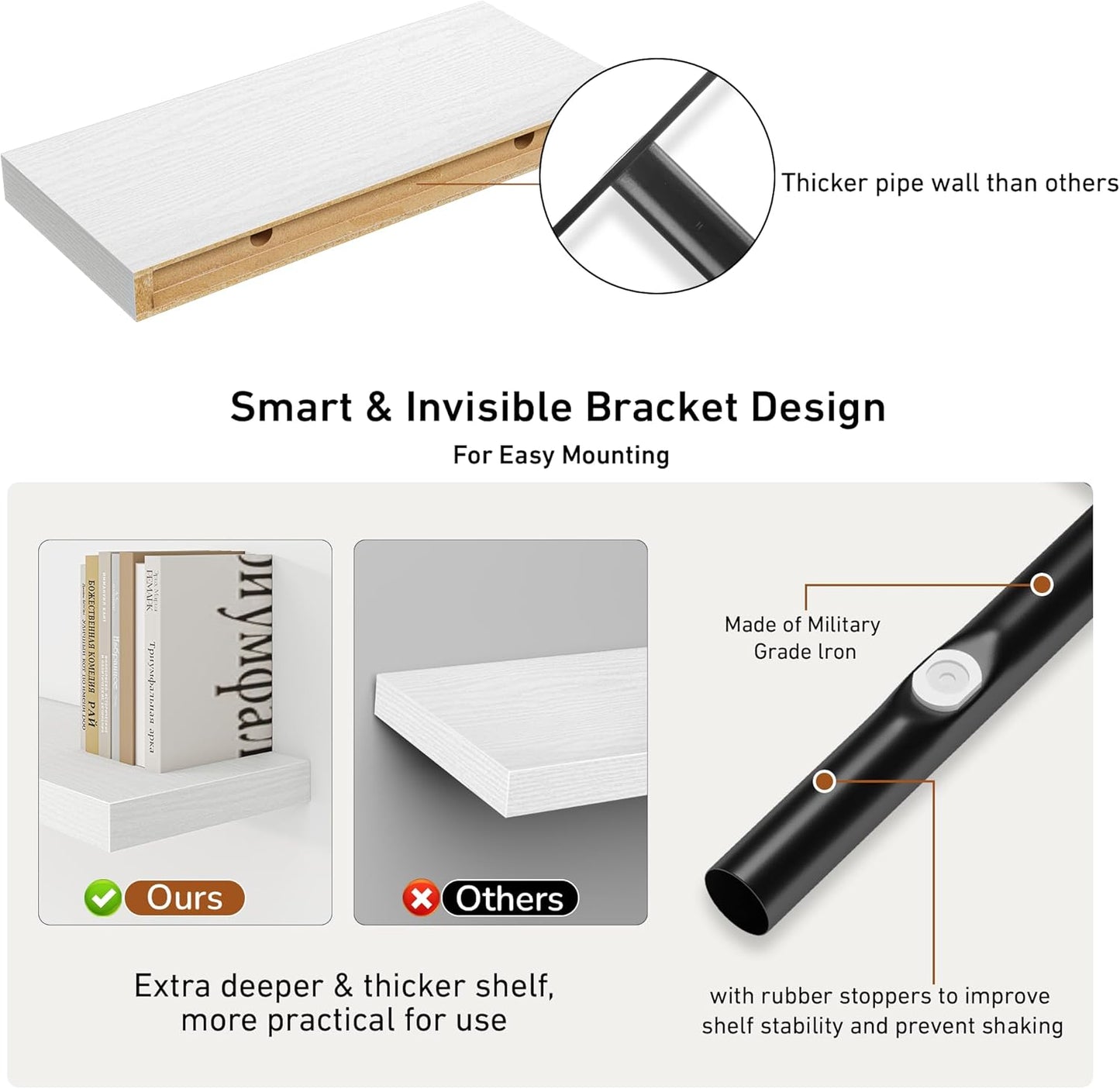 Fun Memories Deep Floating Shelves - 16" W x 9" D x 1.6" H Rustic White Wall Shelf - Wall Mounted Shelves for Storage - Wooden Shelves with Invisible Brackets for Living Room, Farmhouse - Set of 2