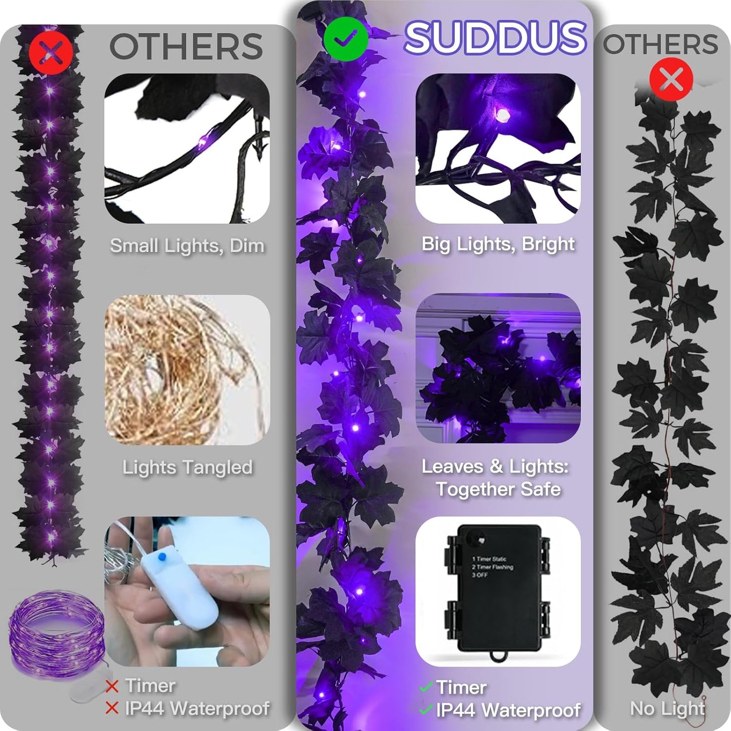 suddus 20 LED Halloween String Lights Battery Operated with Black Maple Leaves 6.5 ft Halloween Garland Decor for Yard, Porch, Table, Wall, Party, Indoor and Outdoor Decorations