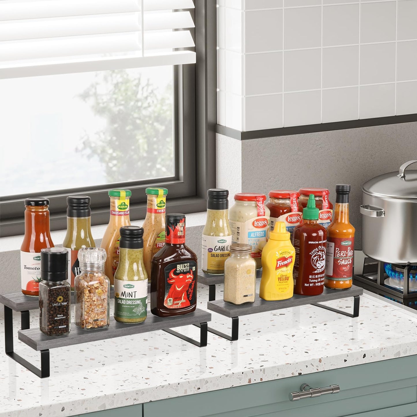 YINMIT Wooden Display Riser Stand, Tiered Perfume and Cologne Organizer Stand, 2 Tier Spice Rack Organizer, Rustic Display Shelf for Candles (2 Tier,2Pack,Grey)