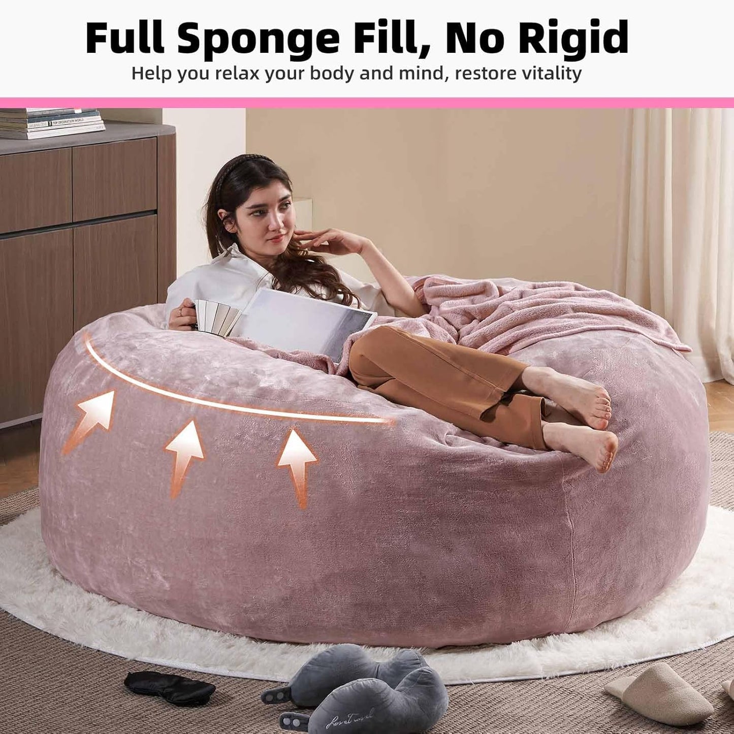 6FT,Oversized Bean Bag Chairs for Adults,Giant beanbag with Filler Included，Fluffy Memory Foam,Soft and Comfy Corduroy Fabric,Gaming Chairs Suitable for Living Room and Bedroom (Pink, 6 Foot)