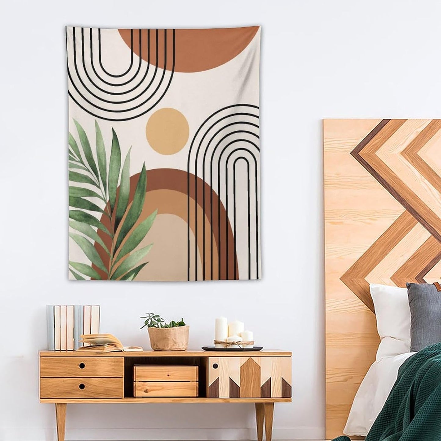 Abstract Bohemian Mid Century Tapestry, Tropical Leaves Modern Geometric Archway Minimalist Bohemian Botanical Aesthetic Wall Hanging, Sage Green Gold Home Decor Art for Bedroom 30x40 Inch