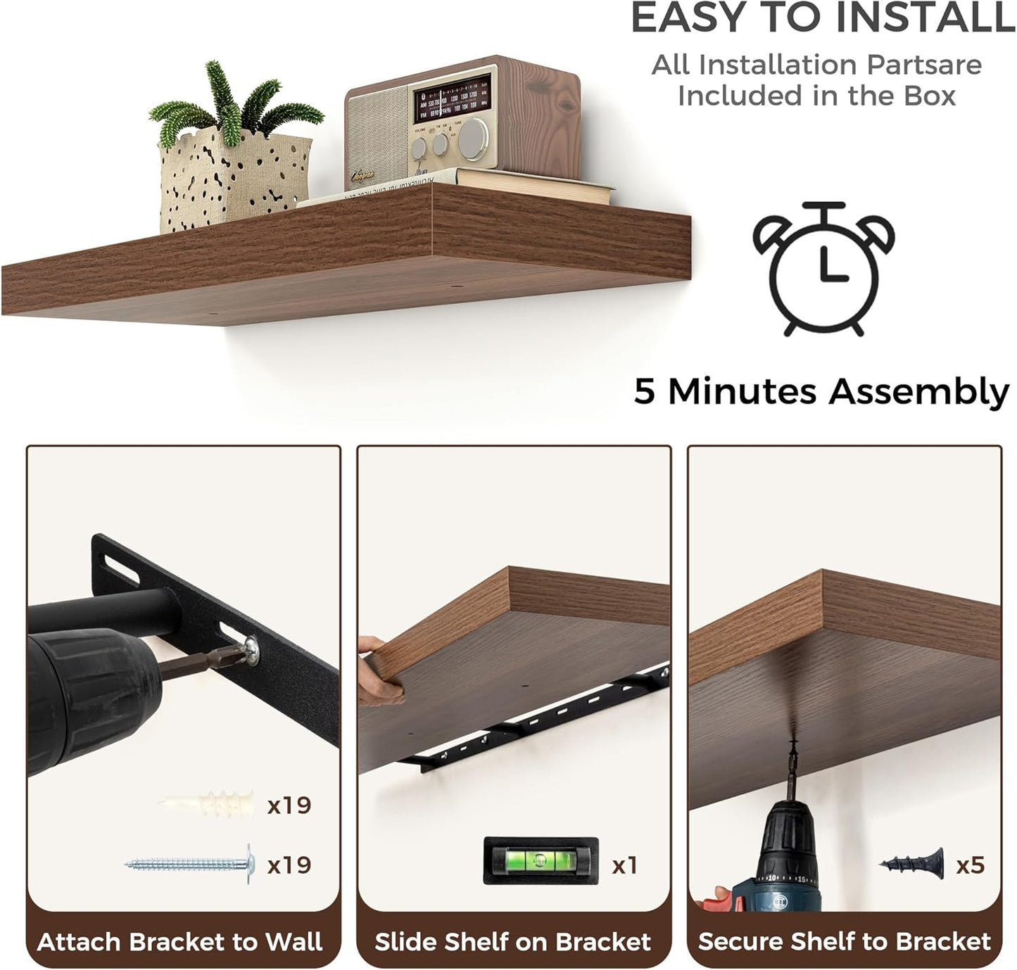 Floating Shelves - 2 Large Wall Mounted Shelves with Invisible Brackets, Long Walnut Wood Floating Wall Shelf for Living Room, Bedroom, Kitchen (36" W x 9" D x 1.5" H)