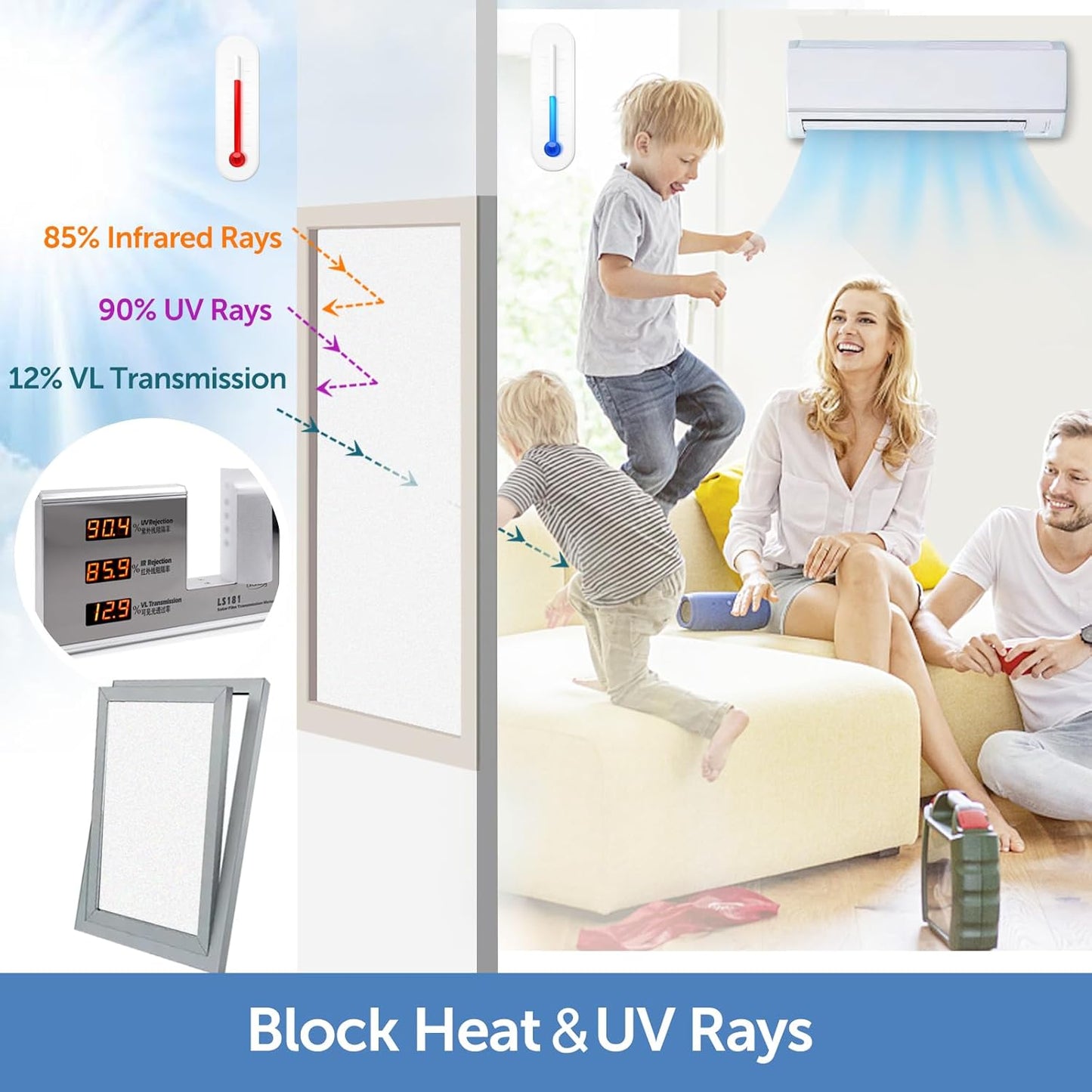 HIDBEA Frosted Window Privacy Film - Non Adhesive Static Cling Glass Stickers Sun UV Blocking Heat Control Door Covering Decals for Home Office, 45.3 x 236.2 Inch