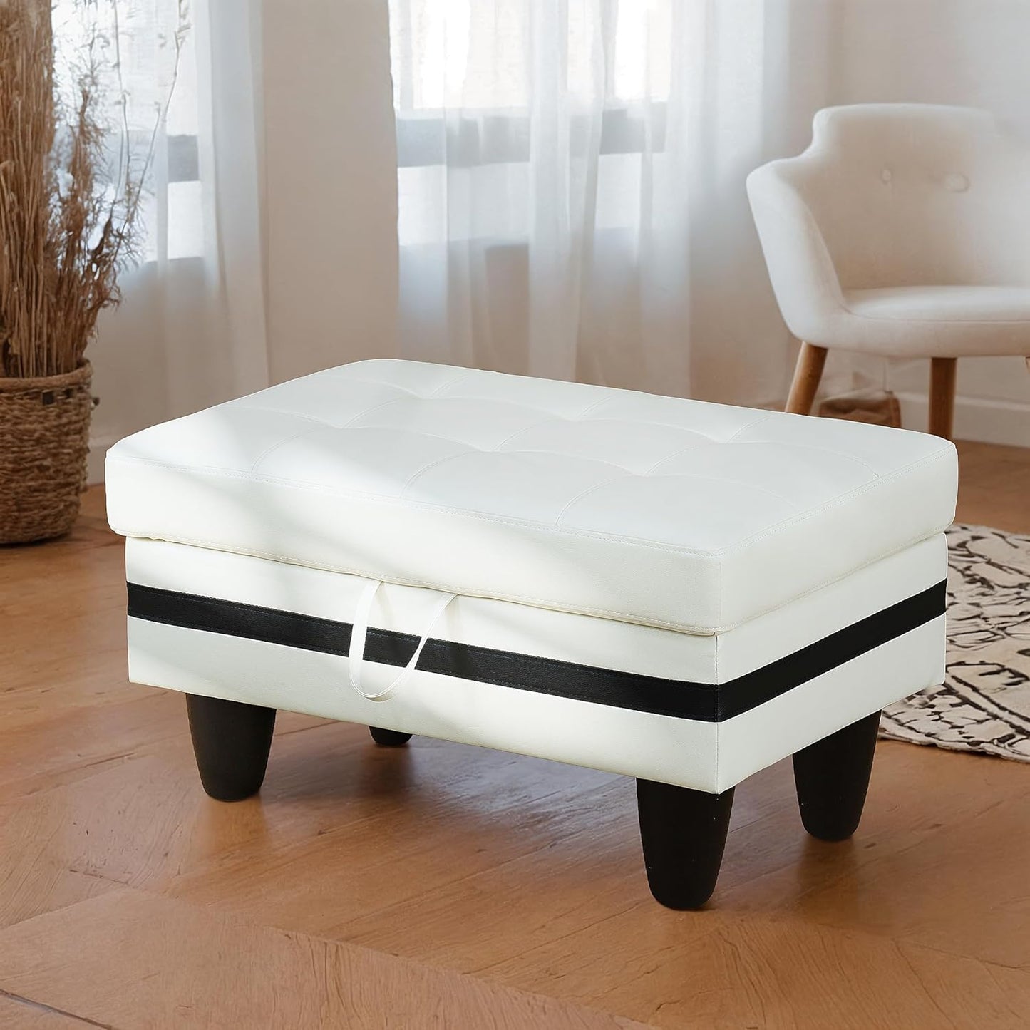 Ottoman Rectangular Storage Ottoman Bench, Faux Leather Footrest, Coffee Table, Stool Footstool with Hinged Lid for Living Room, Bedroom, Entryway, White with Black Strip, 35"x23.5"x17.5"