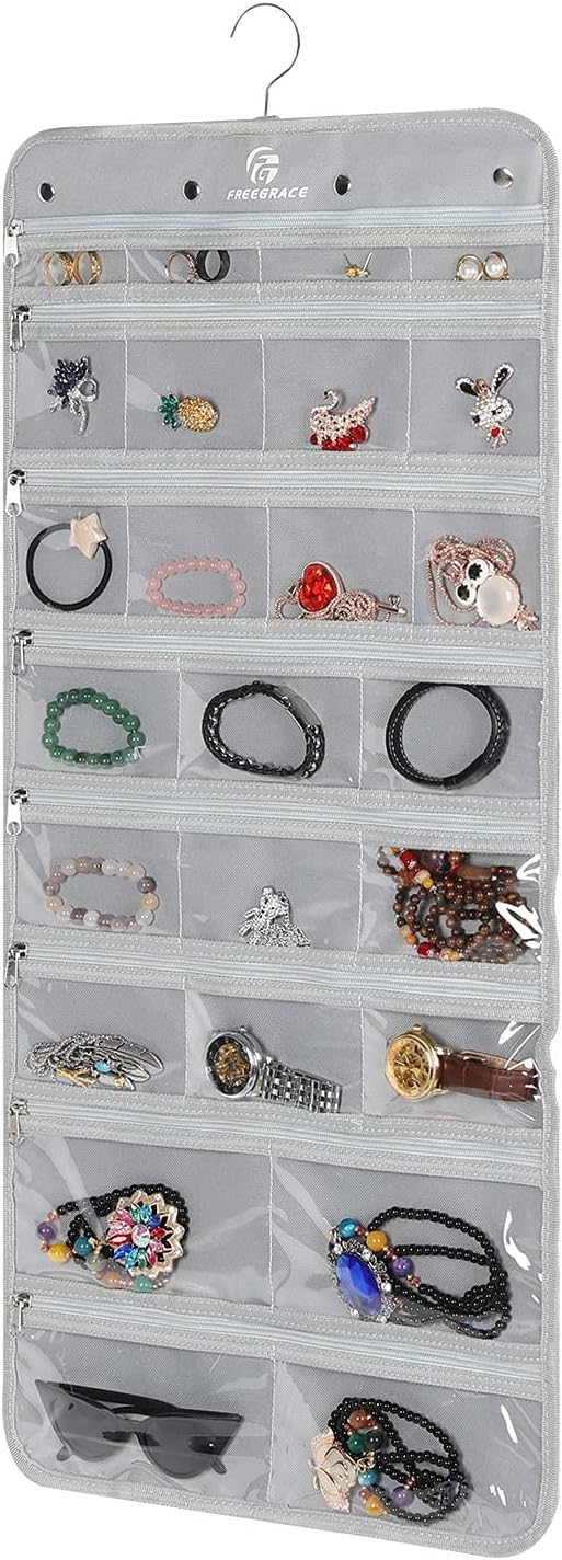 Freegrace Hanging Jewelry Organizer Revolving Hanger - Secure Zipper Closure - 25 Pockets,23 Hooks - Foldable Storage & Display Solution - For All Jewelry & Bijoux (Gray)