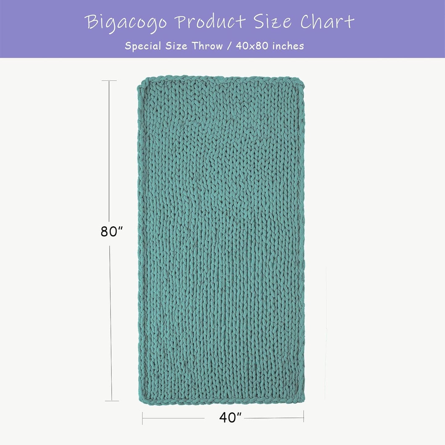 Bigacogo Chunky Knit Throw Blanket for Couch, 40x80 inches, 100% Hand Knitted with Thick Jumbo Chenille Yarn, Cozy Soft Large Rope Knot Cable Crochet Blankets for Sofa Bed Living Room, Light Teal