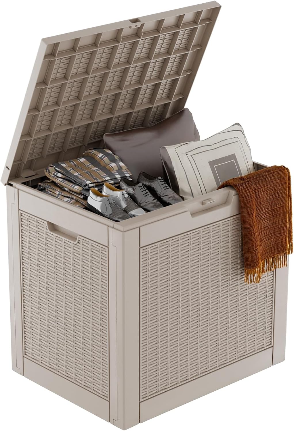 36 Gallon Outdoor Deck Box,Storage Lockable Waterproof Patio Furniture,Garden Tools,Cushions,Pool Accessories Outside Storage Resin Box(Grey Pattern)