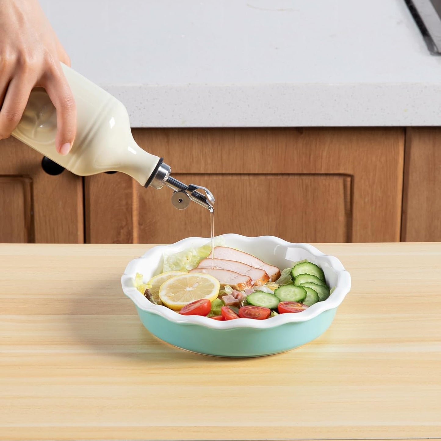 Sweejar 16 Oz Ceramic Olive Oil Dispenser Bottle, Oil Dispenser for Kitchen with Gravity Spout, Relief Opaque Oil Container for Evoo, Avocado Oil, Vinegar, Soy Sauce, 1 Pack(Beige, Silver Spout)