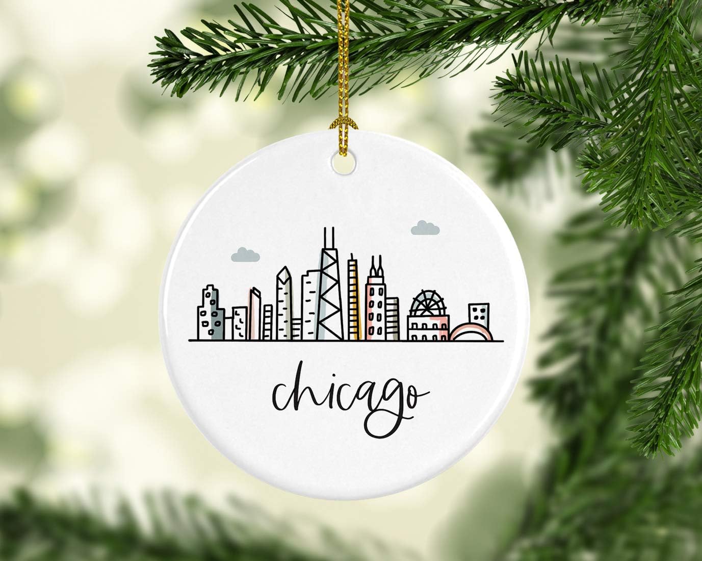 Andaz Press Round Ceramic Porcelain Christmas Tree Ornament Keepsake, Chicago Colorful City Skyline Graphic, 1-Pack, Birthday Gift Ideas Family Coworker Him Her, Includes Gift Box
