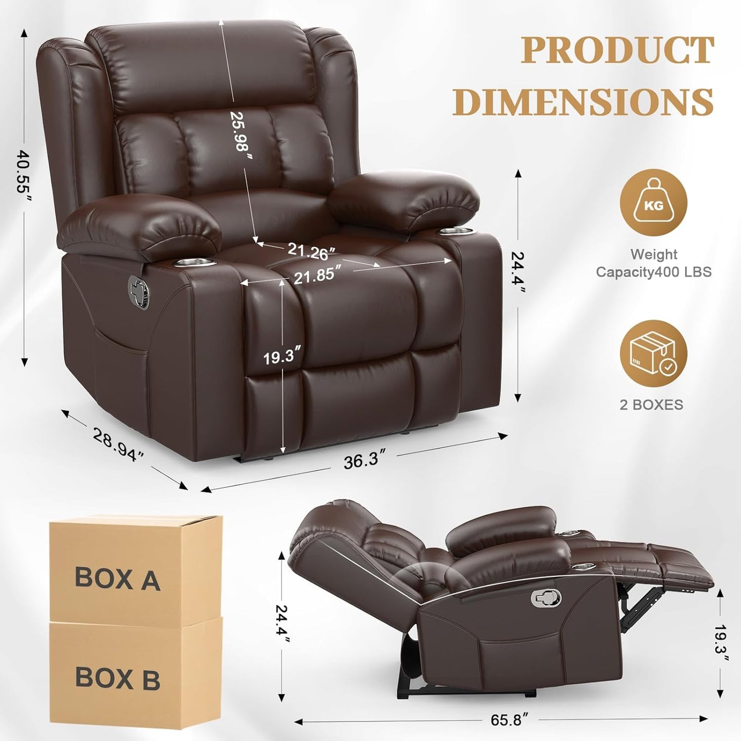 Recliner Chair for Adults, Oversized PU Leather Manual Pull Tab Reclining Chair with Cup Holders, Minimalist Style Single Sofa for Living Room, RV (Brown)