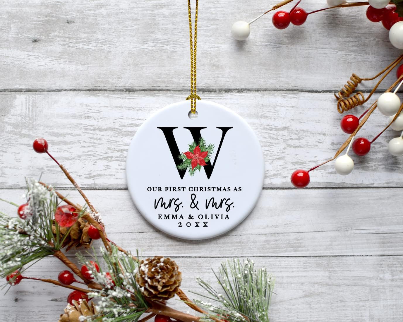Andaz Press Personalized Our First Christmas As Mrs. & Mrs. 2025 Christmas Ornaments Monogram Poinsettia 2.8" Round Porcelain Ceramic Lesbian Married Couple Gay Women Newlyweds Wedding Keepsake 1-Pack