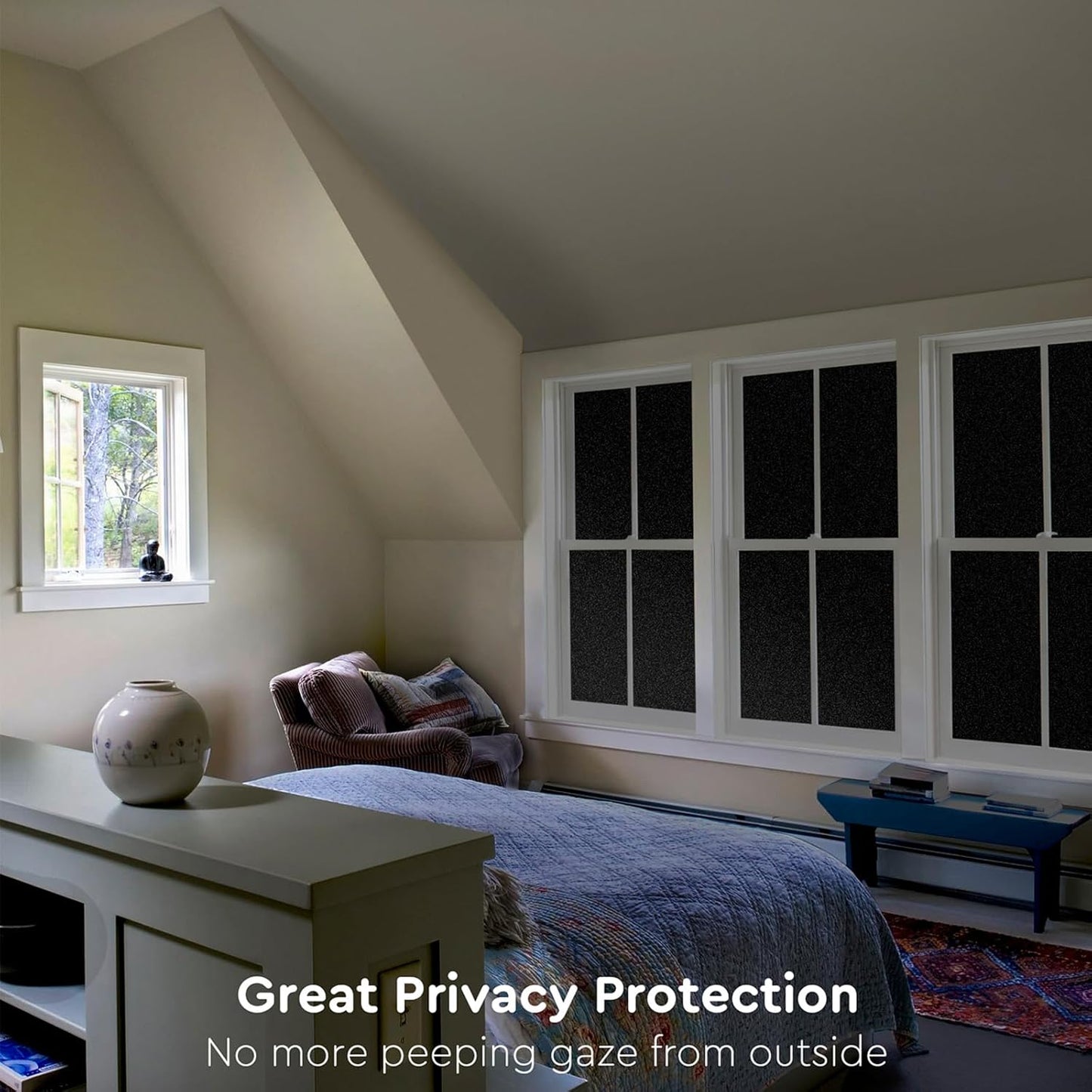 Kromapolis Blackout Window Privacy Film Total Light Blocking Room Darkening Window Covering, Removable Static Cling Frosted Glass Tint, Non-Adhesive, Black 45.2'' x 236.2''