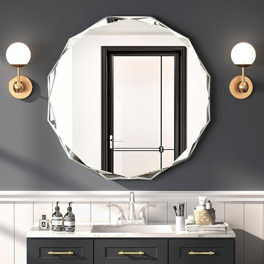 Bathroom Mirrors for Over Sink, Round Frameless Mirrors for Wall, 24x24 Inch Beveled Bathroom Mirror, Bathroom Vanity Circle Mirror for Bedroom Living Room Entryway Home Decor
