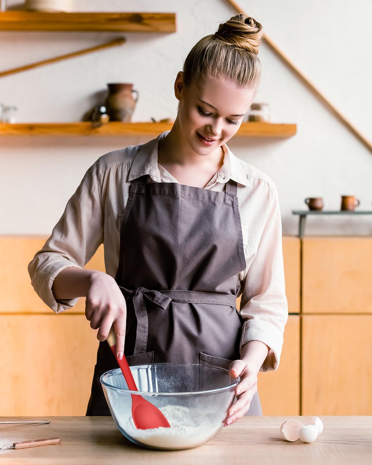 Silicone Cooking Spoons, Great for Scooping Sides and Serving Hearty Stews, BPA-Free Matte Silicone, Wooden Handle Serving Spoon for Nonstick Cooking Surfaces (Red)