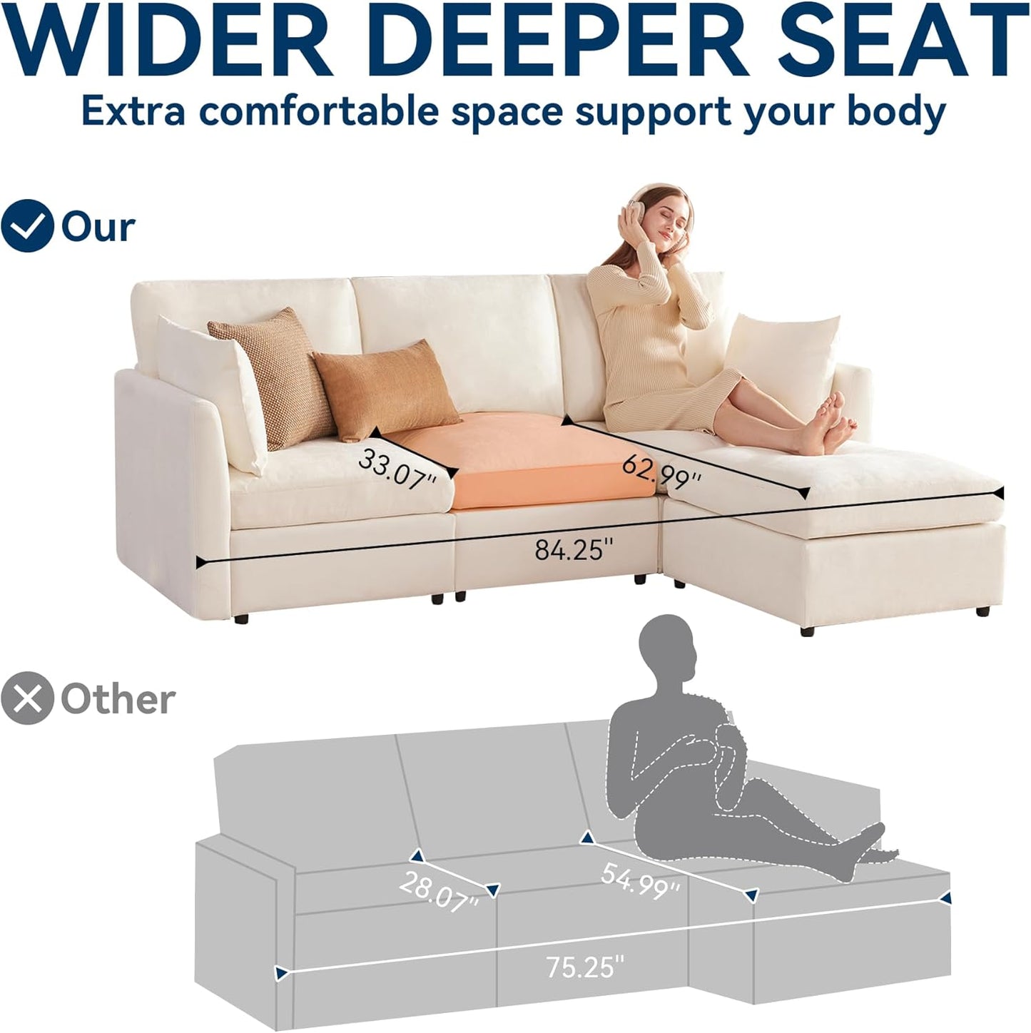 Tbfit 85" Convertible L Shaped Couch, Sectional Sofa for Living Room,Chenille Cloud Couch with Ottoman 4 Seat (Beige)