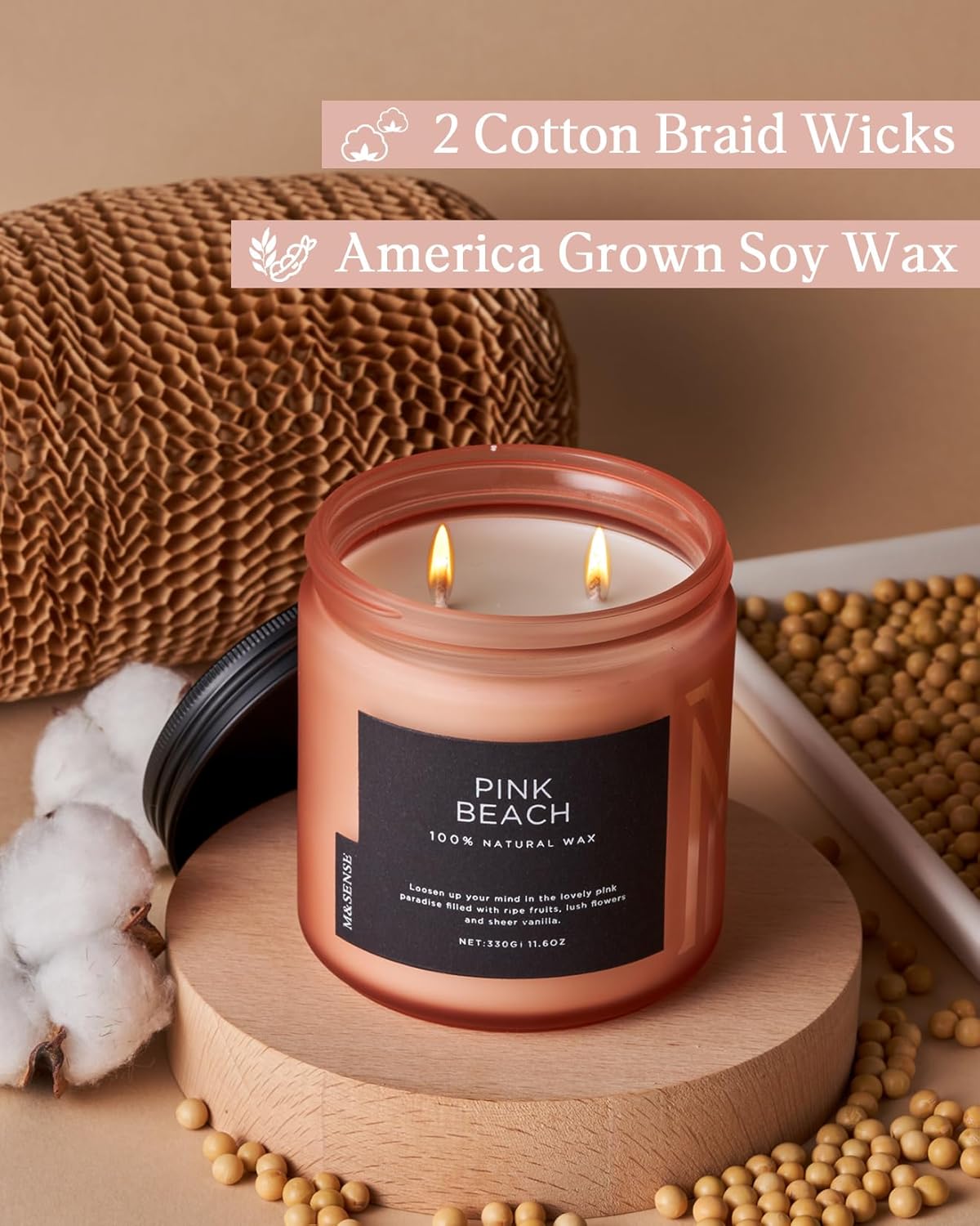 M&SENSE Pink Beach Sands Jar Candle, 11.6oz Pineapple & Coconut Scented Natural Soy Candles for Home Scented, 70 Hour Burn Time, Home Decor Gift for Women, Friends, Family, Colleagues, Couples