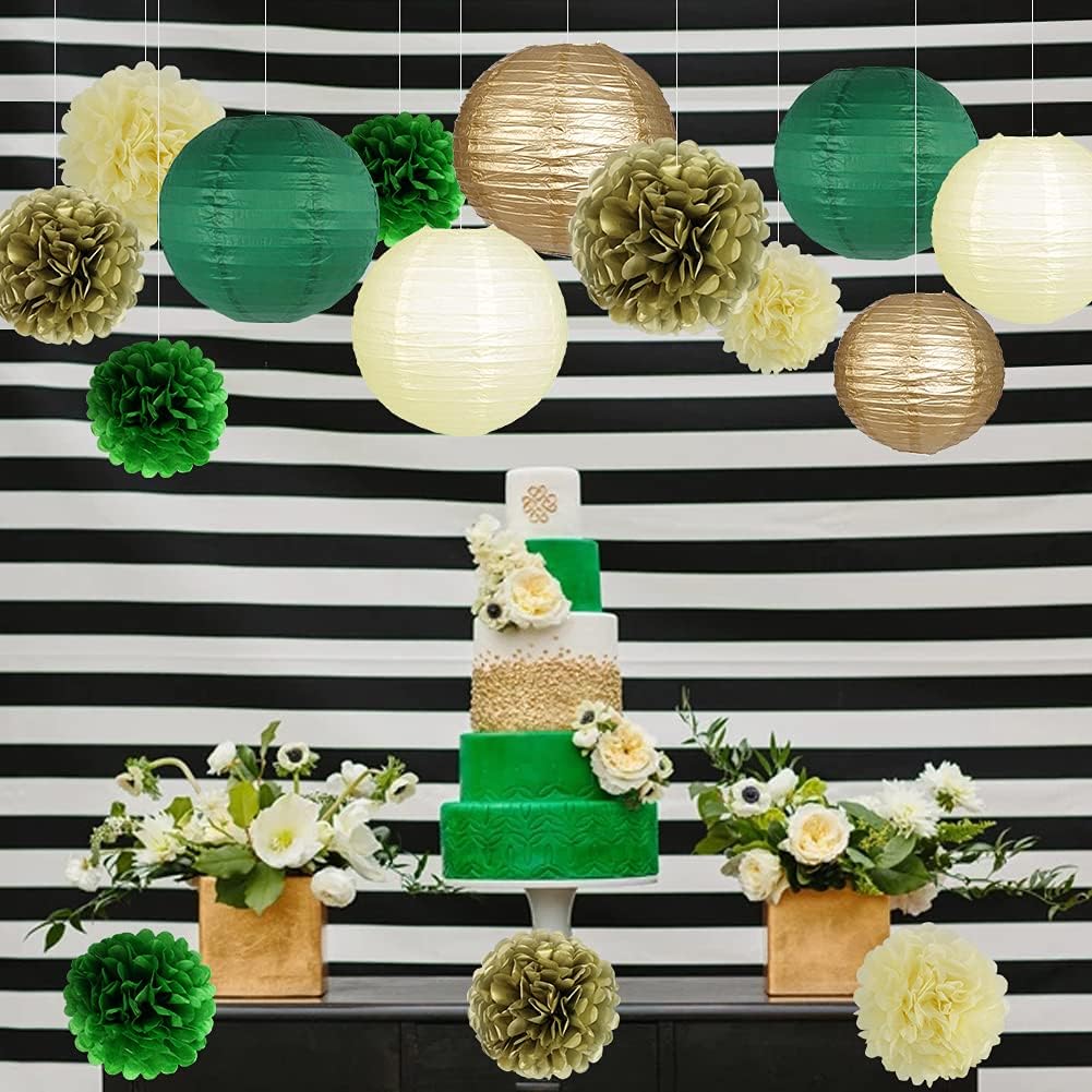 Green Gold Party Decorations, Hanging Paper Lanterns and Pom Poms Flowers for Woodland Baby Shower Graduation Green Birthday Party Decor 15PCS