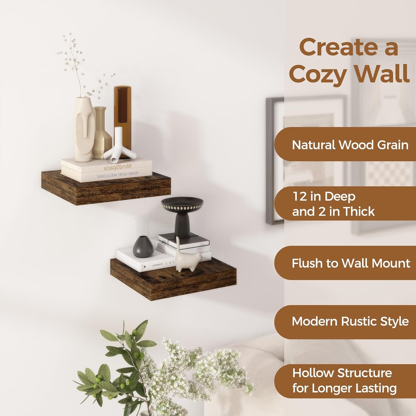 Fun Memories 12 Inch Floating Shelf, Rustic Wood Wall Shelves for Wall Decor & Storage, 12 x 12 Floating Shelf for Living Room, Bathroom, Bedroom, Rustic Brown, Set of 2