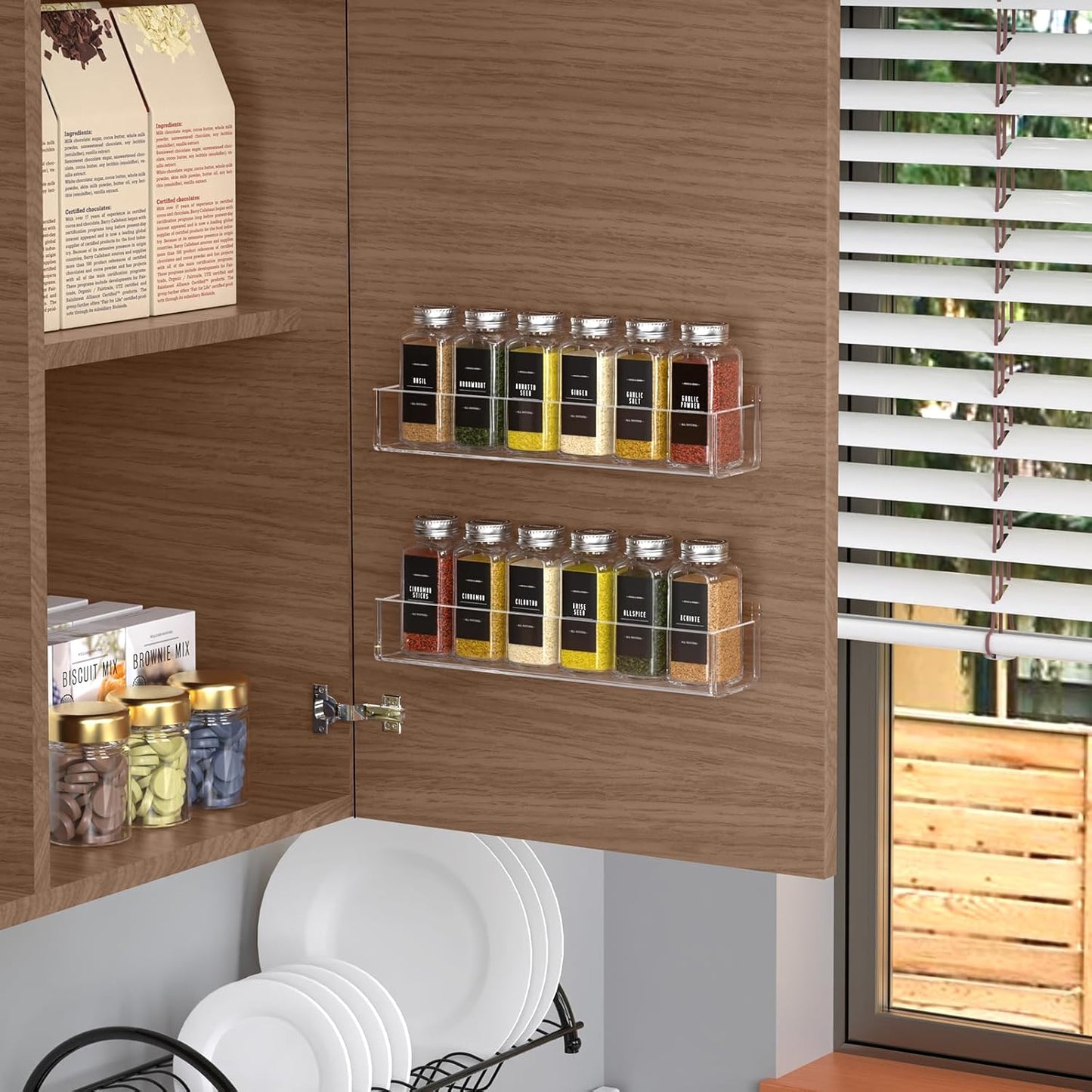 PMMASTO Adhesive Acrylic Spice Rack Organizer with 12 Empty Square Spice Jars, 238 Spice Labels with Chalk Marker and Funnel Complete Set for Kitchen Cabinet/Pantry Door (Clear - 2 Pack)