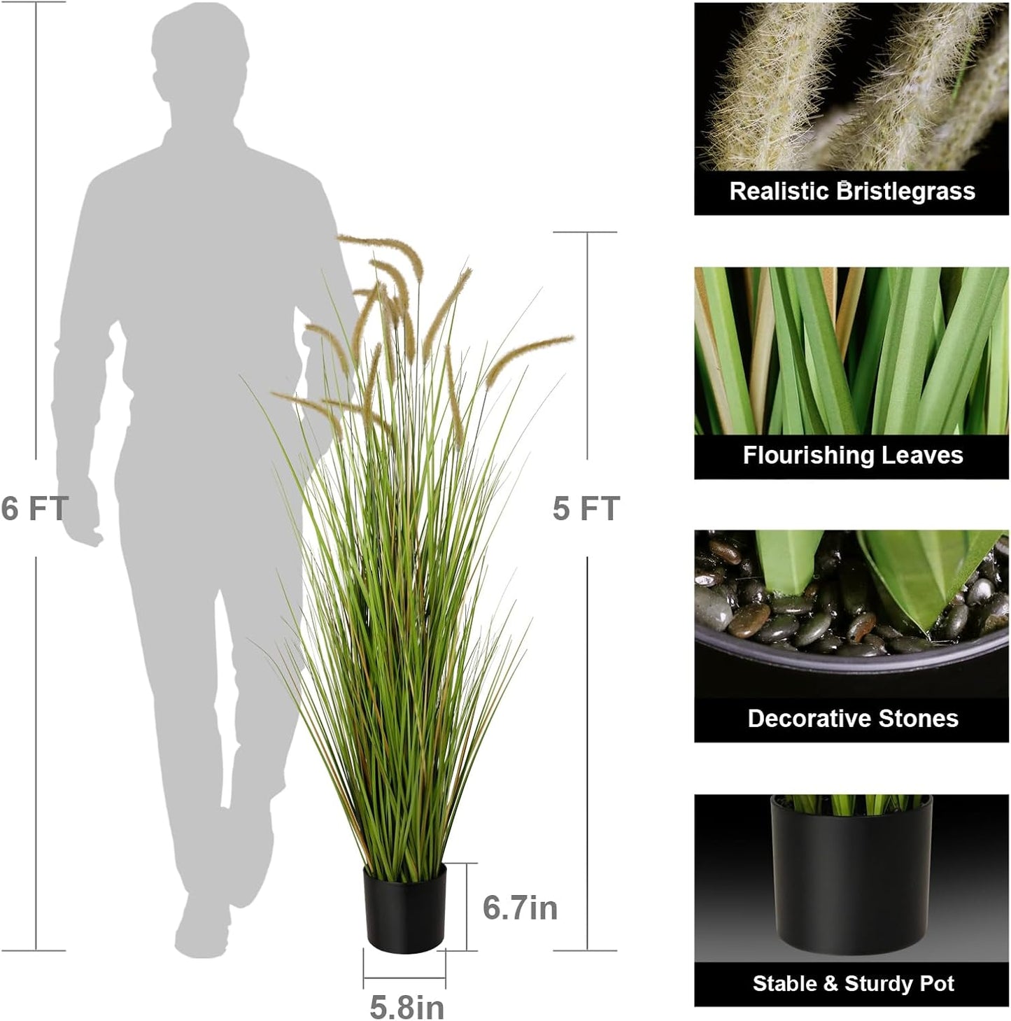 KOL Artificial 5ft 2-Pack Horsetail Reed Grass, 59in Tall Artificial Indoor Outdoor Fake Grass Plant, Home Office Decorative Artificial Plants in Pot Faux Plant Greenery, Wedding Decor Grass