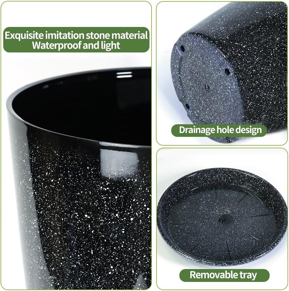 2 Pcs Pack 21 Inches Plastic Resin Tall Tapered Planter Pots Large Round Planter Flower Pot with Drainage Holes for Indoor Outdoor Deck Porch Garden Home Patio Front Door (Black, L)