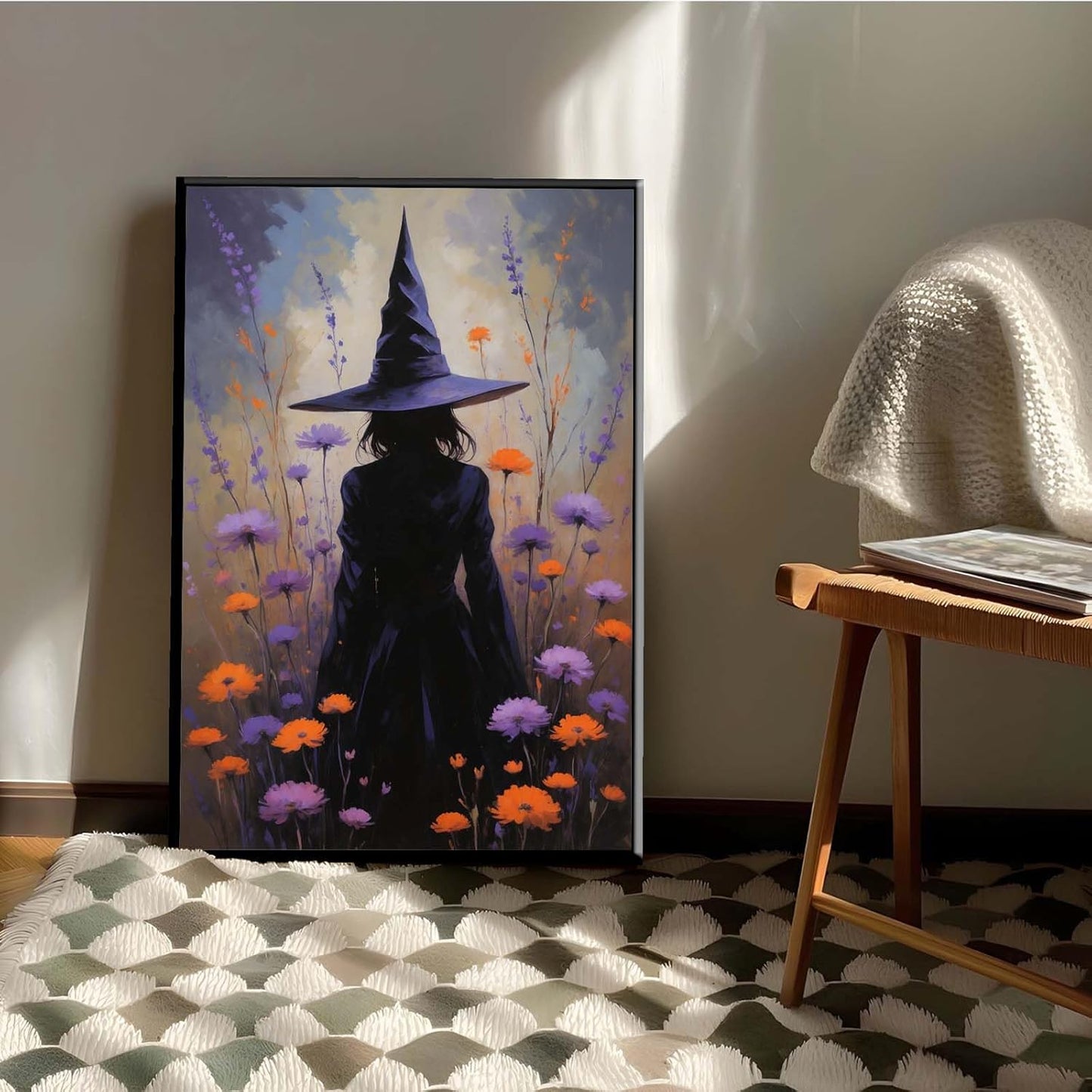 JFHCQJPK Country wildflower witch canvas print halloween mashup art witch purple decoration bohemian elegant art poster12x16in Metal blackFramed