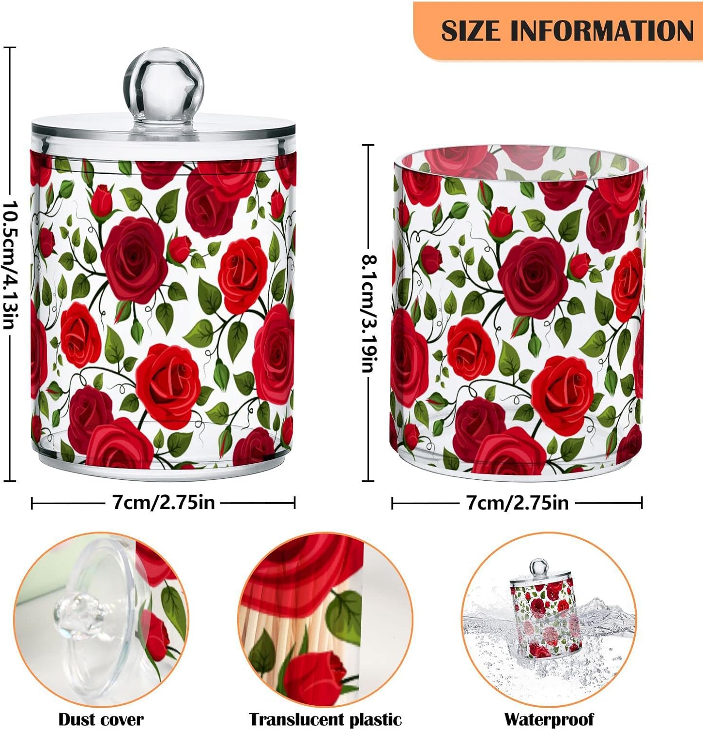 2 Pack Qtip Holder Dispenser Red Rose Flowers Bathroom Storage Canister Lid Acrylic Plastic Apothecary Jar Set Vanity Makeup Organizer for Cotton Swab/Ball/Round Pads, Floss
