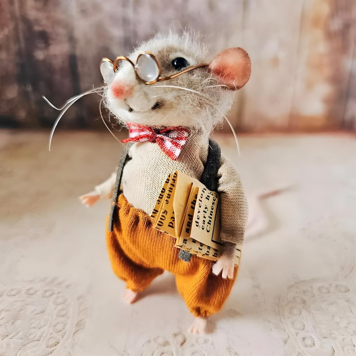 Felted Mouse, Cute Miniature Dollhouse Felt Mouse Ornament, Felt Wool Mice Figurine for Holiday Decor, Needle Felted Mouse Doll Decorations Festival Statue (Professor)
