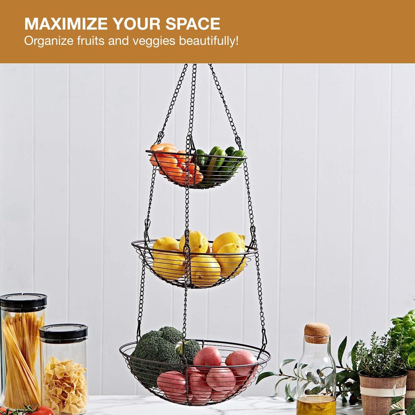 REGAL TRUNK & CO. 3 Tier Hanging Fruit Basket, Farmhouse Wire Basket, Three Tier Fruit Basket for Kitchen for Vegetables, Bread & More, Metal Chain, Hanging Hook and Detachable Round Wire Baskets