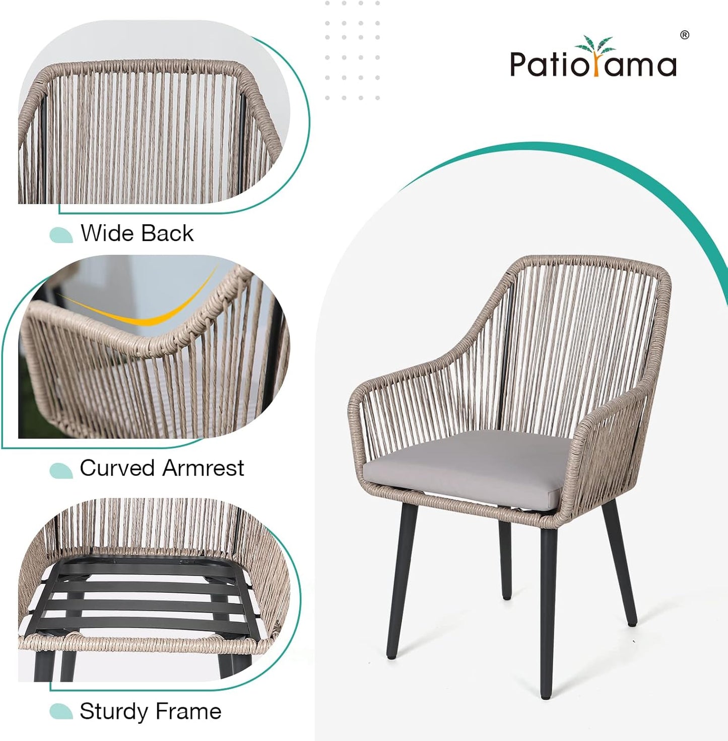 Patiorama Outdoor Dining Chairs, Patio Dining Chair Set of 6, All-Weather Woven Rope Rattan Chairs, Outdoor Dining Wicker Chairs with Armrests for Indoor Balcony Pool Backyard(Tan)