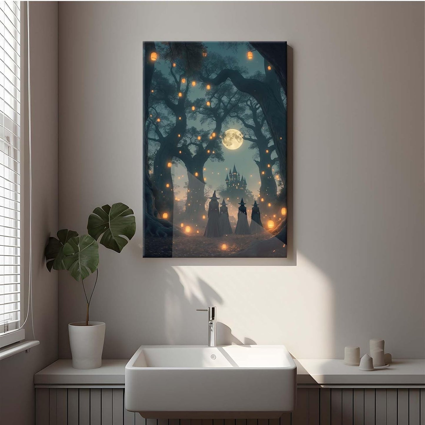 JFHCQJPK Mysterious creek painting witch and castle in magic forest art print canvas gothic print dark college decoration poster for home bedroom12x16in Frameless