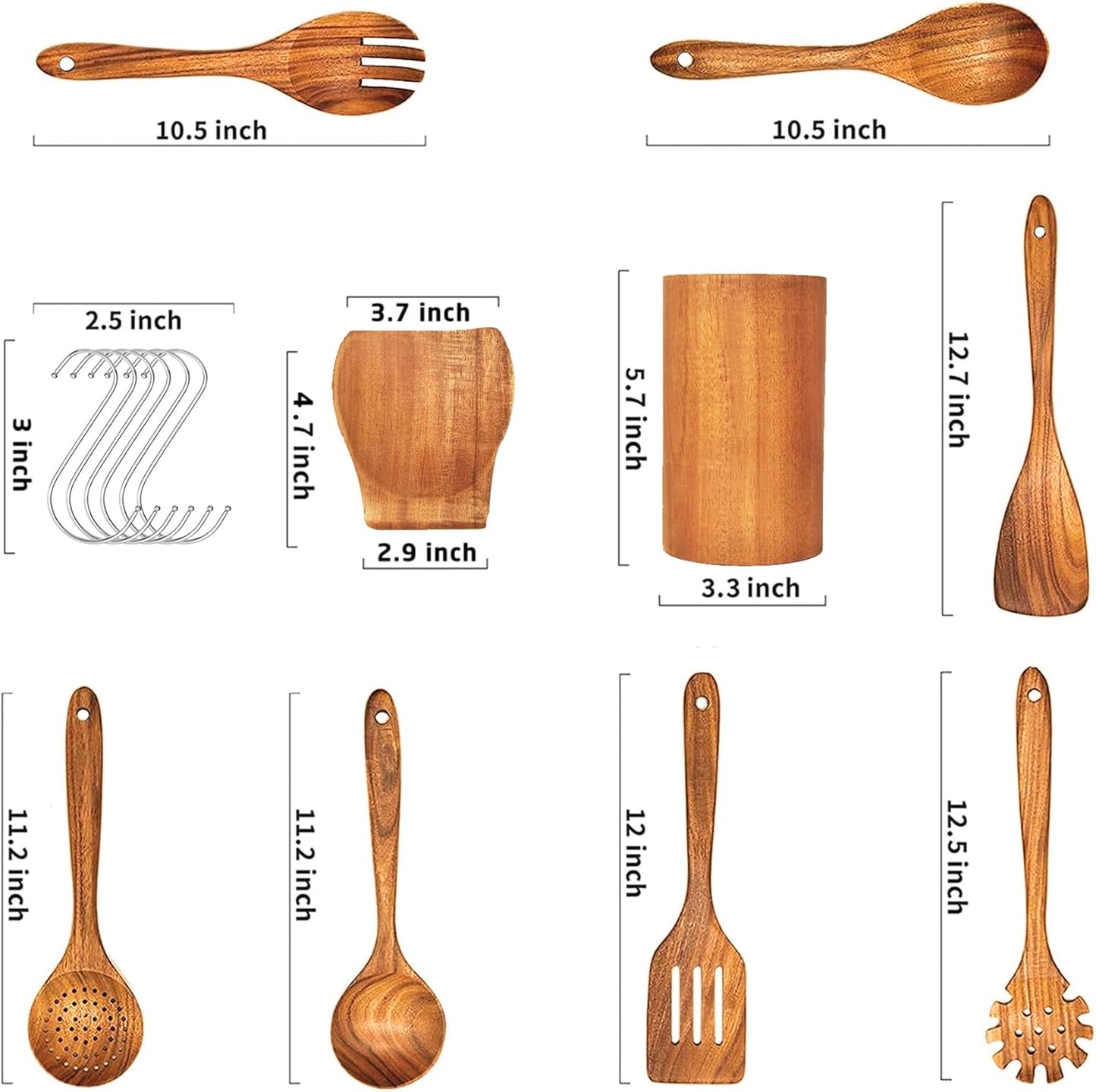 Teak Wooden Spoons for Cooking - 9 Pcs Comfort Grip Kitchen Utensil Set with Holder & Rest