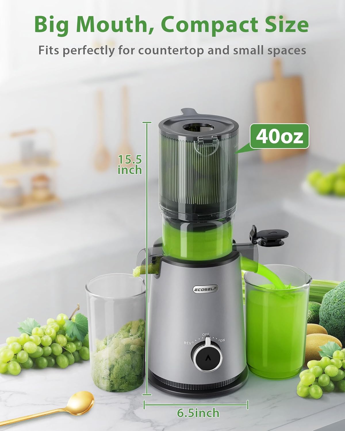 Cold Press Juicer, ECOSELF Juicer Machines with 4.35" Large Feed Chute Fit Whole Fruits & Vegetables, Self Feeding for Juice Extractor Machine, Easy to Clean and Assemble, High Juice Yield