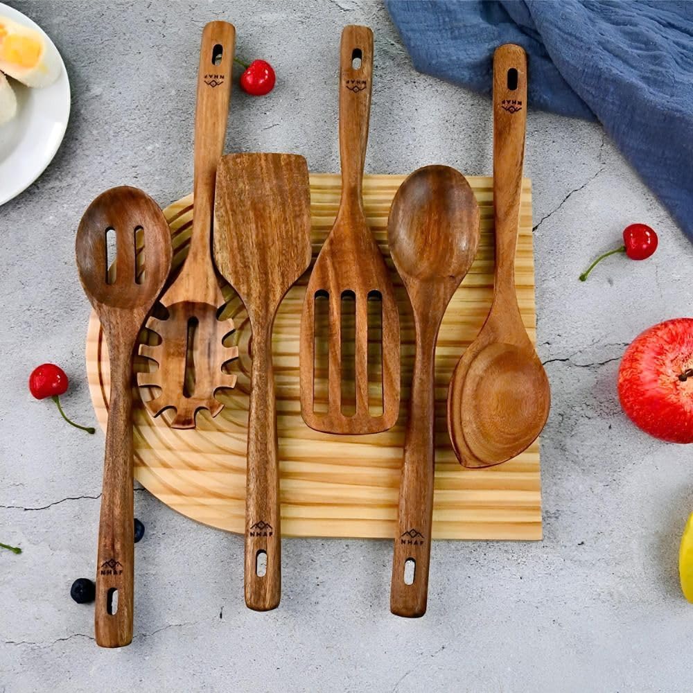 Wooden Utensils for Cooking, Premium Teak Healthy Spoons, Wooden Spoons for Cooking, Durable Eco-Friendly and Safe Teak Cooking Spoon, Cooking Gifts for Mom (set of 6) and Hooks