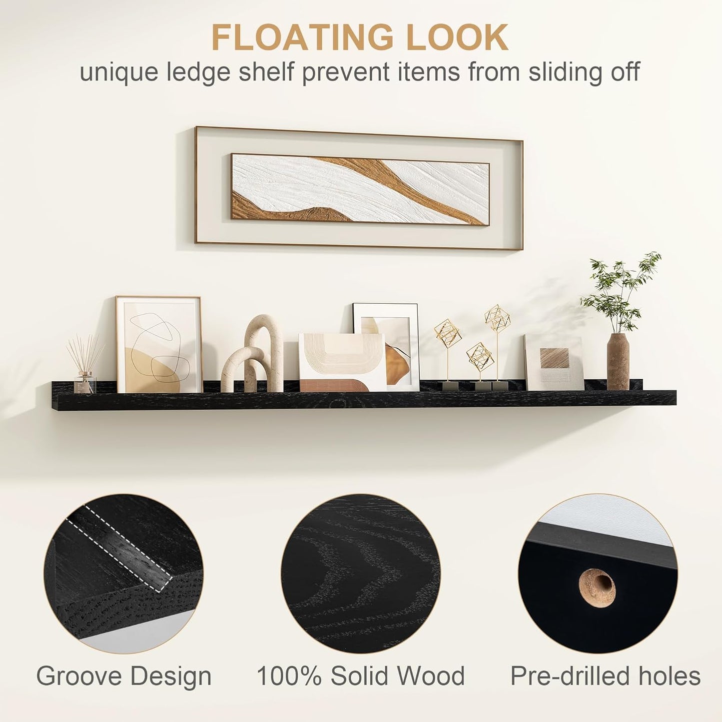 Floating Picture Ledge Shelves 48 Inch Solid Oak Wood Set of 2, Rustic Wall Storage Shelves with Lip, Kids Bookshelf, Photo & Picture Ledge Shelves for Bedroom, Living Room, Kitchen