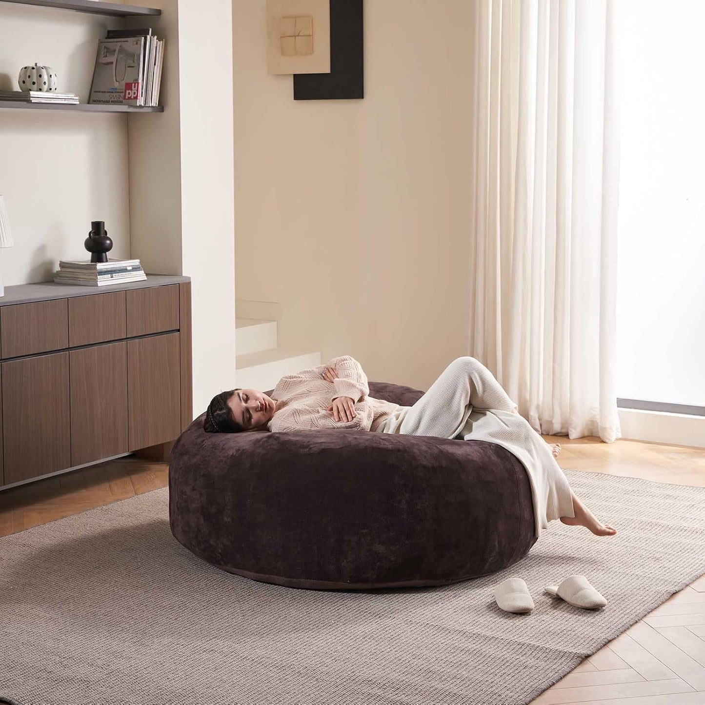 4FT Large Bean Bag Chairs,Big Adult Size Memory Foam Beanbags with Filler Included,Machine Washable Corduroy Cover,Ultra Soft Plush Gaming Bing Bag Puff Chair for Dorm, Living Room & Bedroom (Brown)