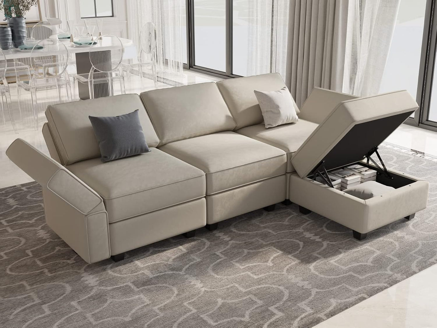Belffin Convertible Sectional Sofa with Chaise Velvet L Shaped Sofa Couch Modular Sectional Sofa with Storage Grey