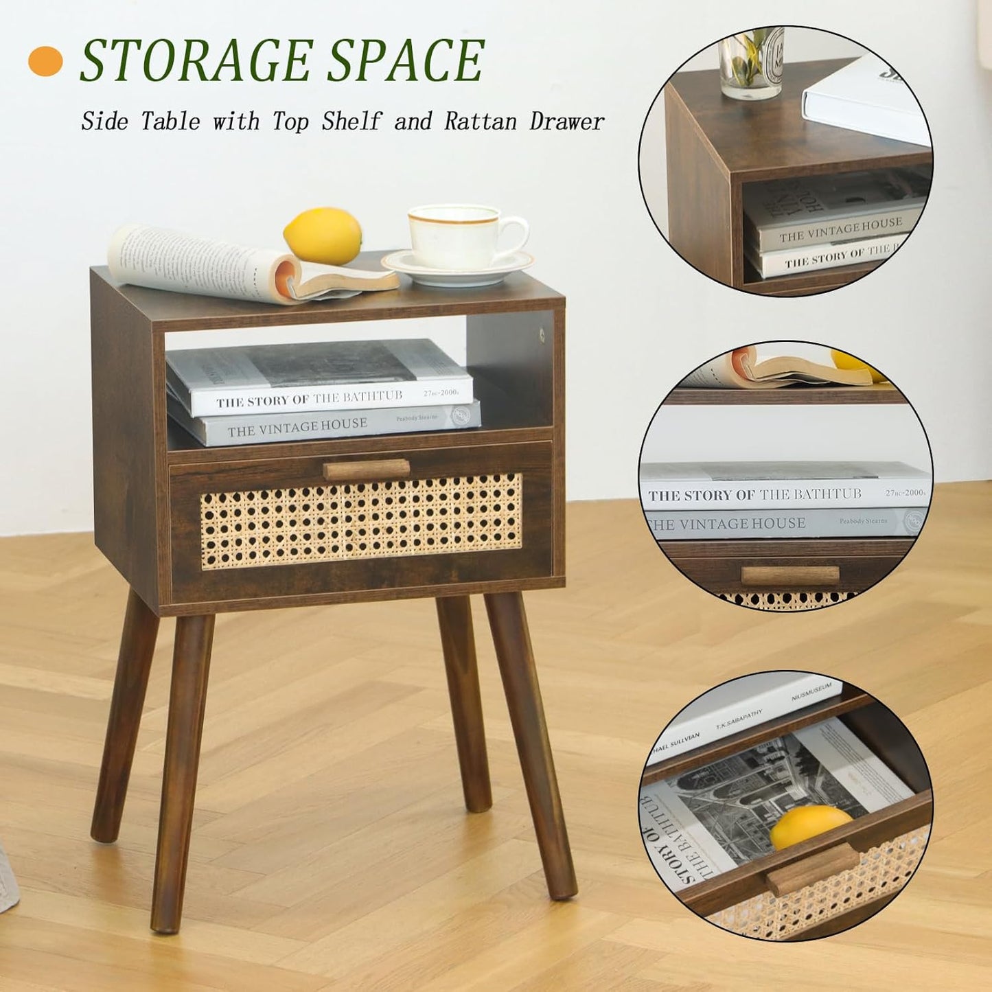 MaxSmeo Small Nightstand with Charging Station, Rattan Side Table Mid Century Modern Bedside Table for Bedroom, Living Room and Small Spaces, Solid Wood Legs (Rustic Brown)