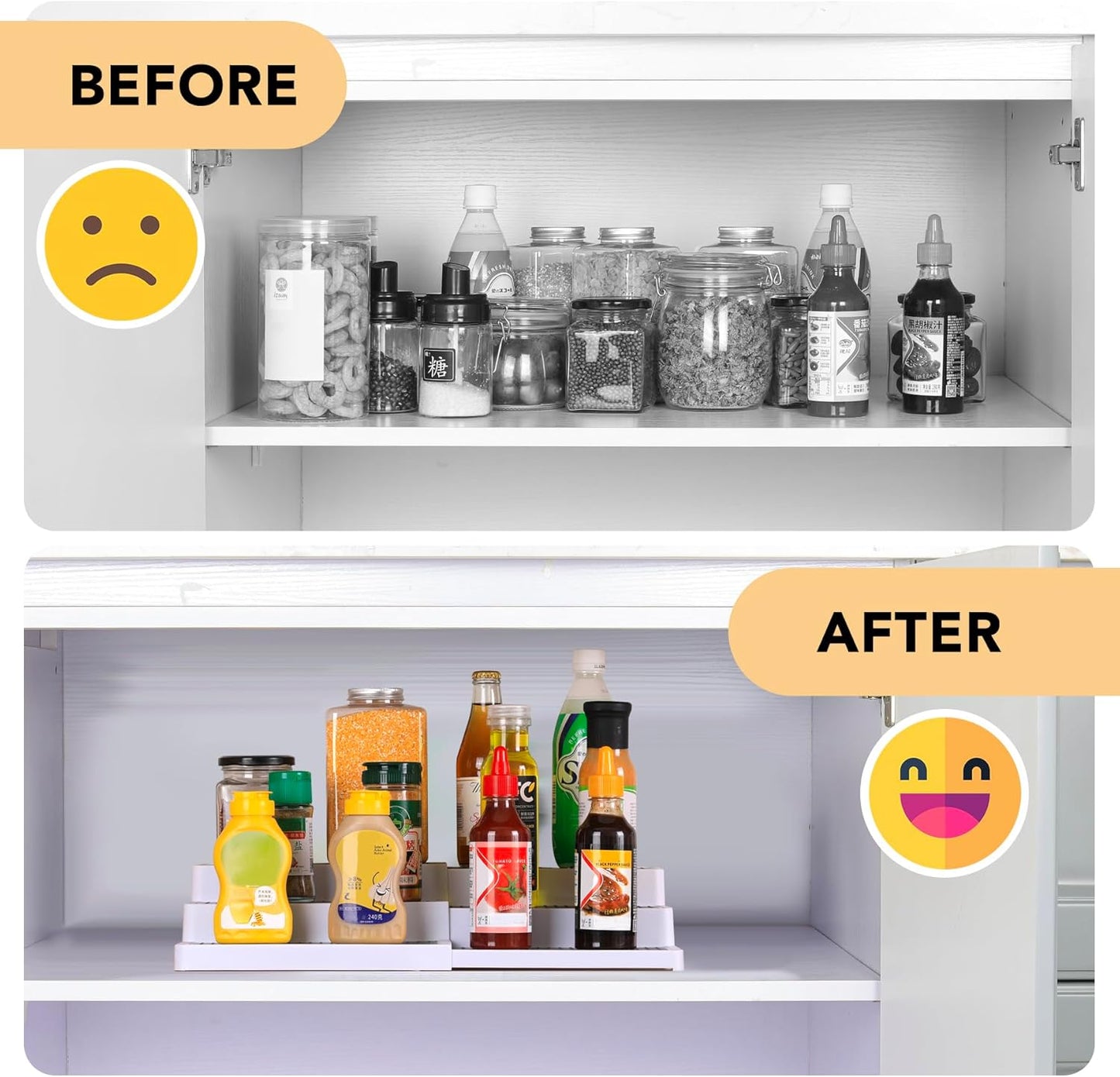 3-Tier Expandable Spice Rack, Plastic Spice Rack Organizer for Cabinet, Adjustable Length, Non-Skid Spice Shelf Organizer for Kitchen Cabinet, Countertop or Pantry, 2 Pack, White/Grey