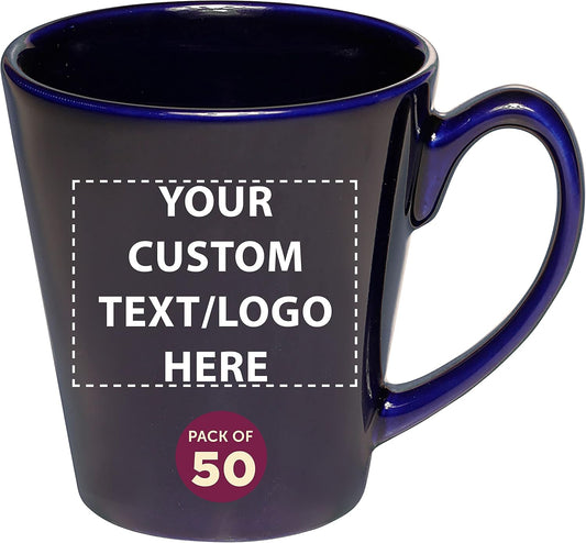 DISCOUNT PROMOS Custom Glossy Ceramic Latte Coffee Mug 12 oz. Set of 50, Personalized Bulk Pack - Perfect for Tea, Espresso, Cappuccino, Hot Cocoa - Blue
