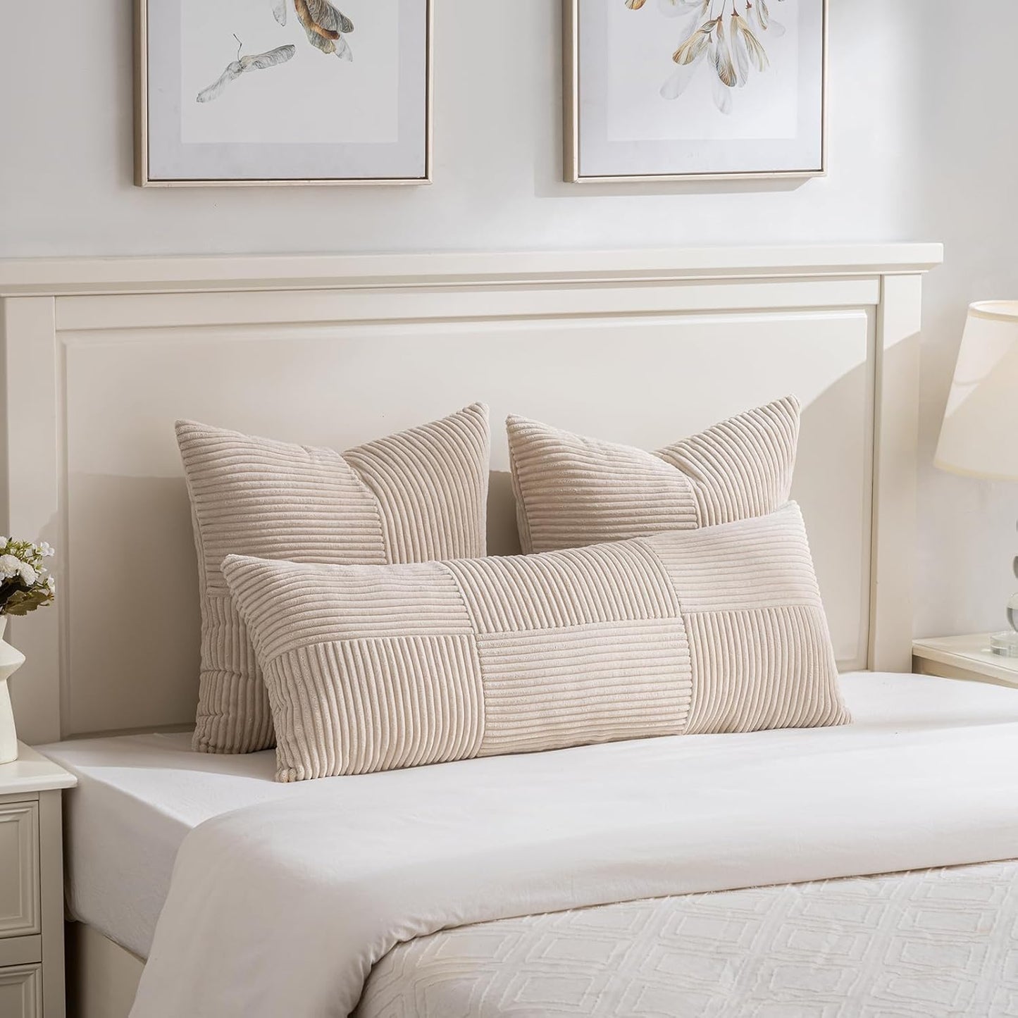 Fancy Homi 2 Packs Tan Decorative Throw Pillow Covers 18x18 Inch for Living Room Couch Bed, Rustic Farmhouse Boho Home Decor, Soft Corss Corduroy Patchwork Textured Square Beige Cushion Case 45x45 cm