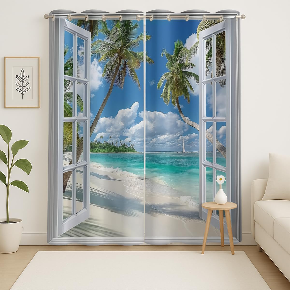 Beach Blackout Curtains for Girls Boys Teens Home Decor, Tropical Summer Scene Ocean Island Palm Tree Grommet Thermal Insulated Drapes Darkening Window Curtain for Bedroom Living Room, 55 x 63 Inch