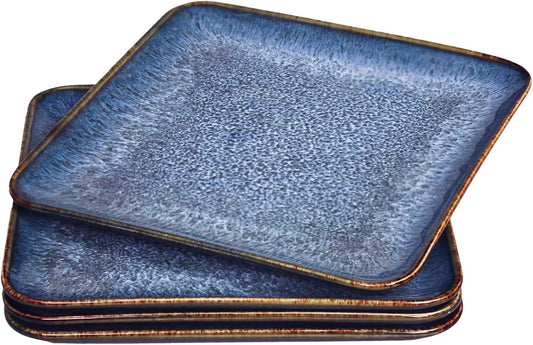 Ceramic Dinner Plates Dish Set, Set of 4, Microwave Oven and Dishwasher Safe, Scratch Resistant, Dinnerware Kitchen Porcelain Serving Dishes Blue, 9 inch Square plate