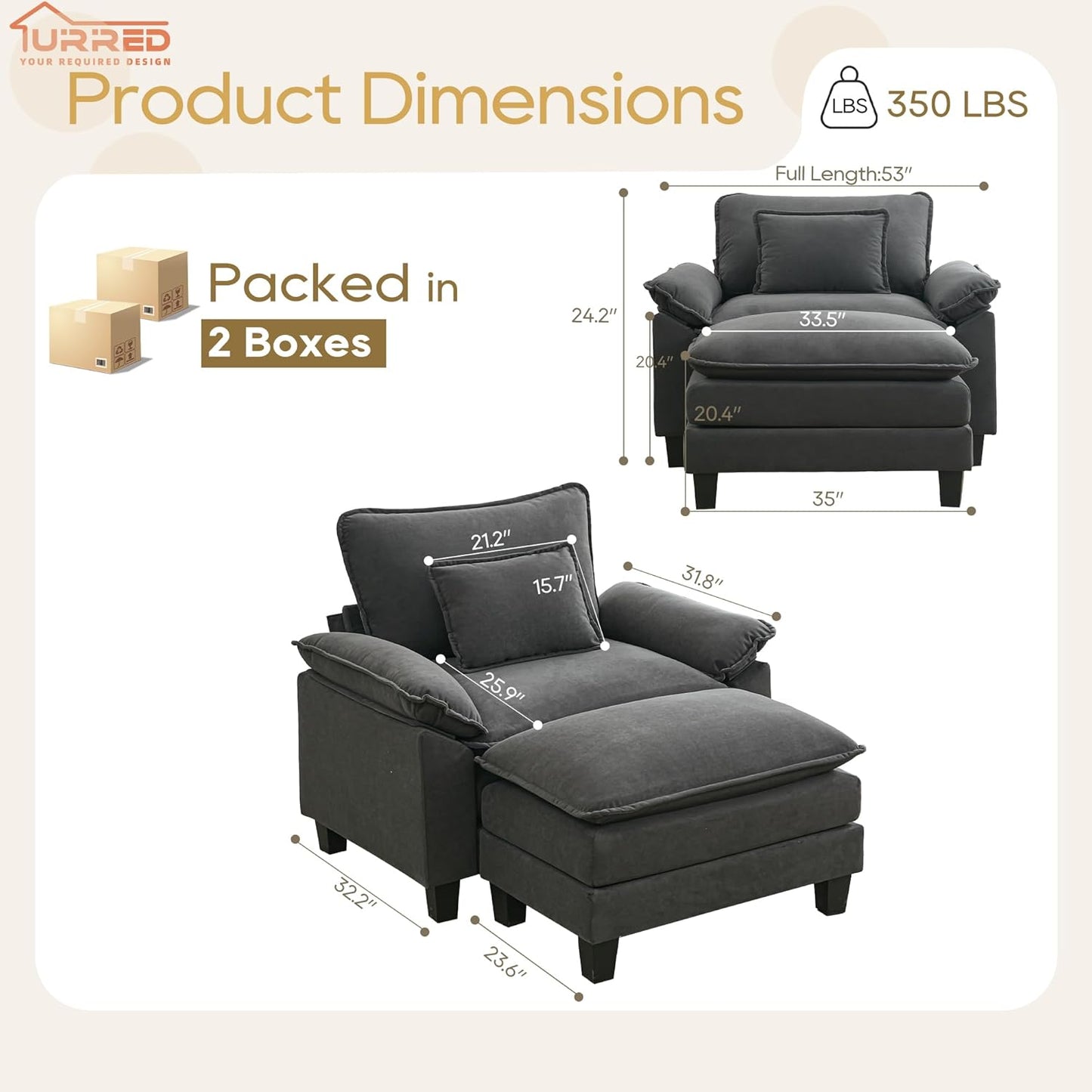 URRED Modular Sectional Sofa Comfy Cloud Couch, Modern Chenille Sofa Sleeper Deep Seat Couches with Ottoman/Pillows for Living Room (Dark Gray, 53''- Ottoman)