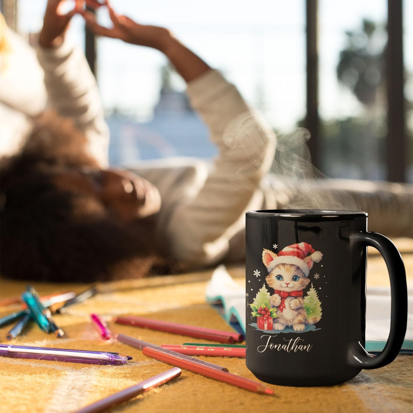 Cute Christmas Cat Cup, Customized Animal Coffee Mug, Gift For Birthday, Personalized Animal Lover Black Cup 11oz 15oz, Custom Xmas Cat Design Mug For Girl