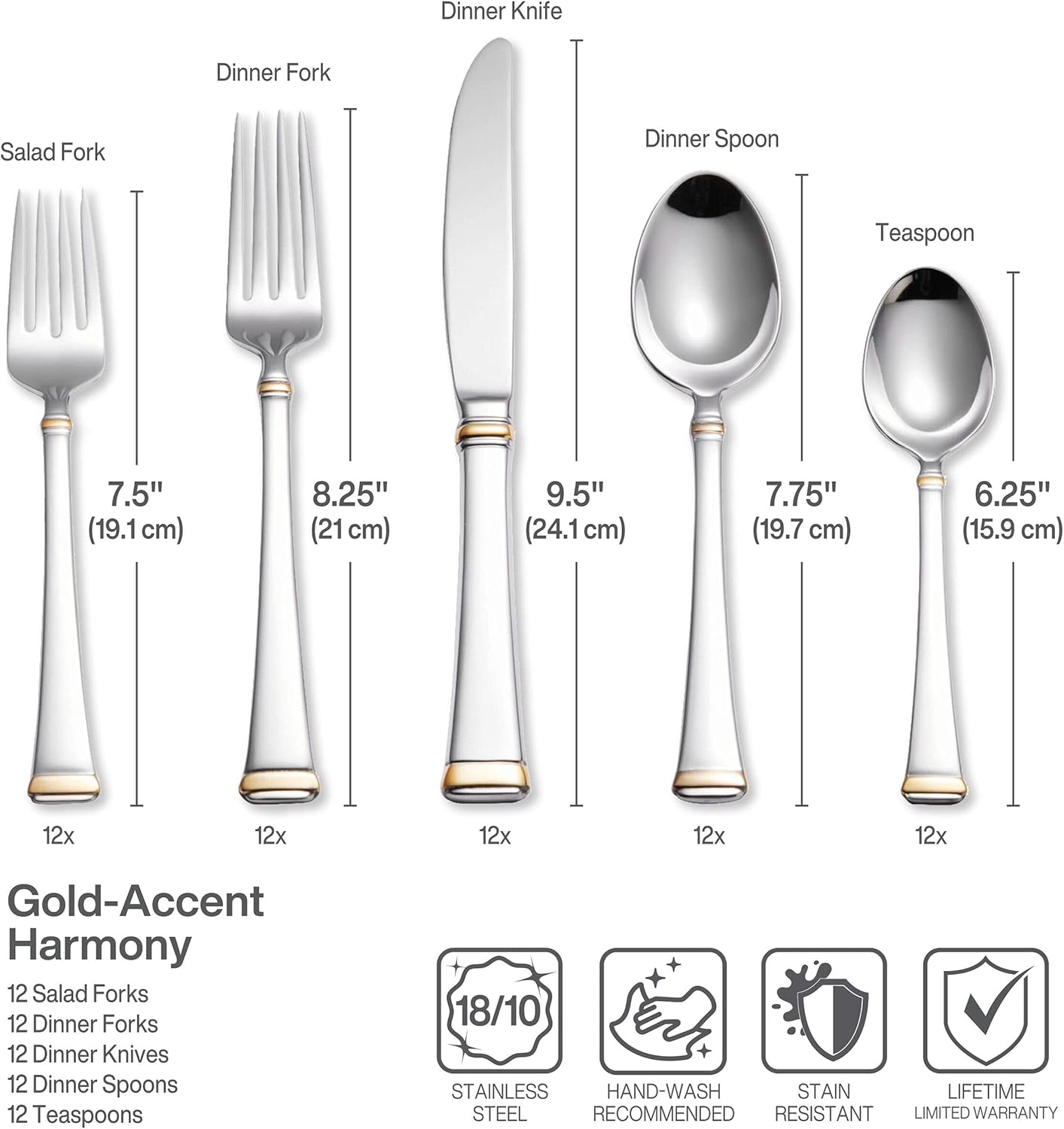 Mikasa Gold Accent Harmony Flatware Set for 12, 65 Piece 18/10 Stainless Steel Silverware with Gold-Trimmed Handles and Serving Utensils, Elegant Dinnerware Service