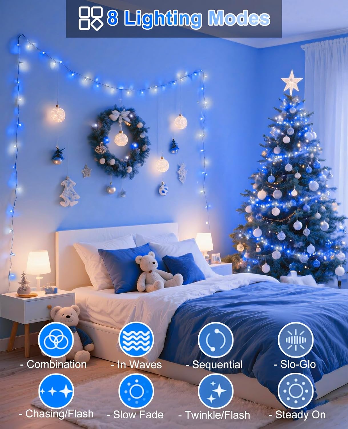80FT 240 LED Christmas Lights Outdoor, Plug in Christmas Tree Lights Waterproof, 8 Modes & Timer, Connectable Green Wire String Light for Indoor Home Garden Party Holiday Decorations, Blue White