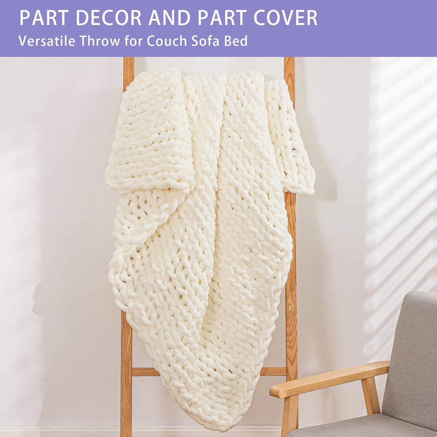 Bigacogo Chunky Knit Throw Blanket for Couch, 51x63 inches, 100% Hand Knitted with Thick Jumbo Chenille Yarn, Cozy Soft Large Rope Knot Cable Crochet Blankets for Sofa Bed Living Room, Ivory