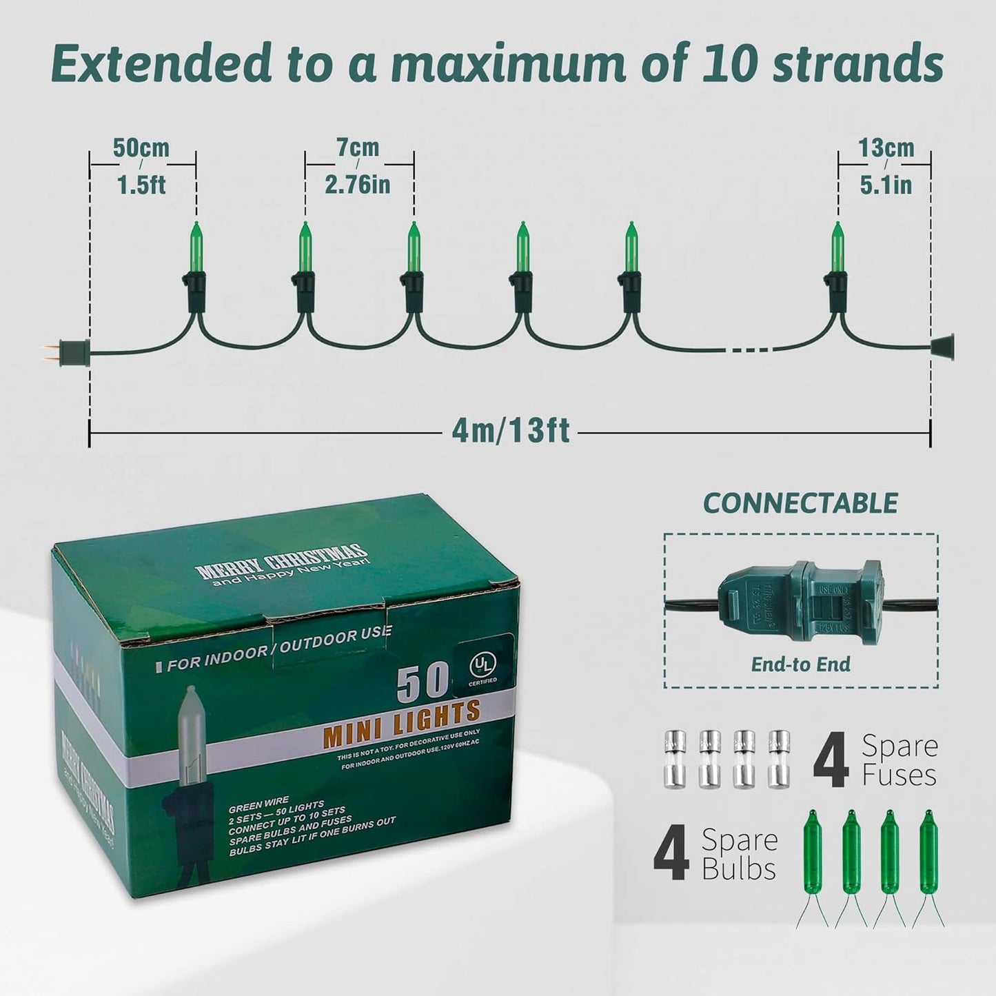 woohaha Christmas String Lights, 120V UL Certified 2PACK 50 Count Incandescent Clear Mini Green Wire Fairy Light, Xmas Tree Lights for St. Patrick's Day Patio Garden Outdoor Indoor, Green